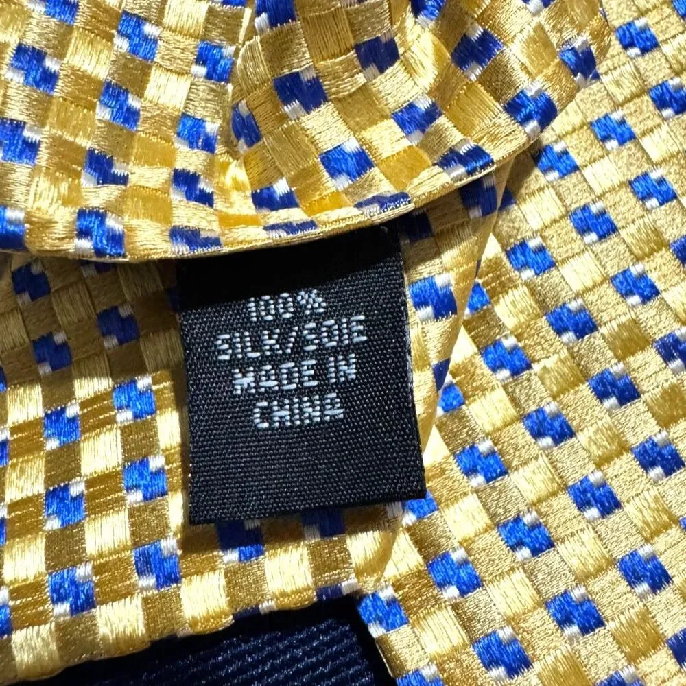 Michael Michael Kors 100% Silk Tie Gold Blue Geometric Diamond Pattern